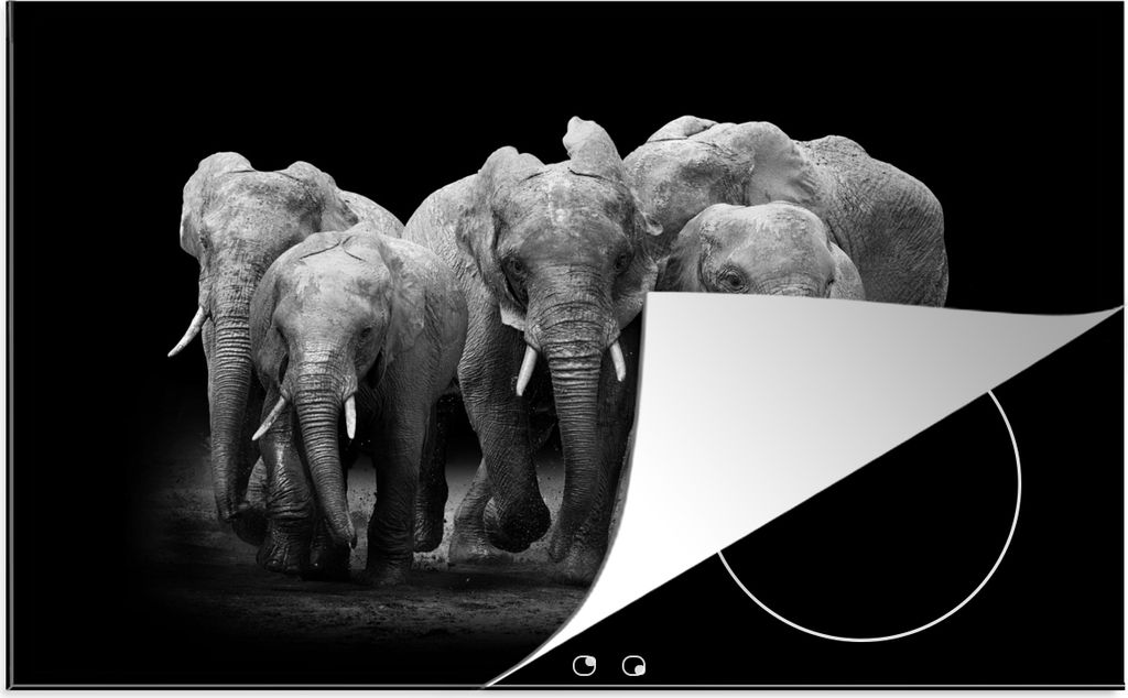 KitchenYeah Herdabdeckplatte Elefant - Schwarz - Weiß - Tiere , 81x52cm, Küche Deko, Glaskeramikkochfeld Herdabdeckung, Abdeckplatte fùr Kochfeld