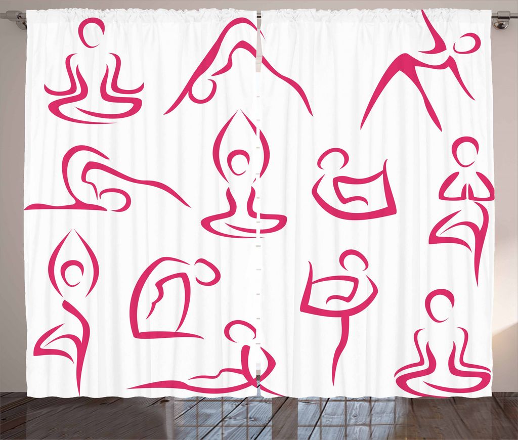 ABAKUHAUS Yoga Rustikaler Gardine, Doodle Frauen Übungen, Schlafzimmer Kräuselband Vorhang mit Schlaufen und Haken, 280 x 245 cm, Weiß Rosa