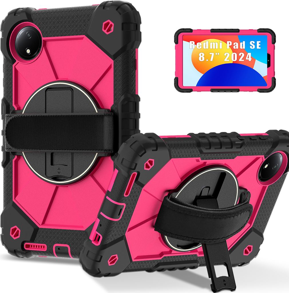 Hülle für Xiaomi Redmi Pad SE 8.7" 4G 2024 Tablette Schutzhülle Stoßfeste mit 360 Drehbarer Handschlaufe/Ständer Schwarz Rosa