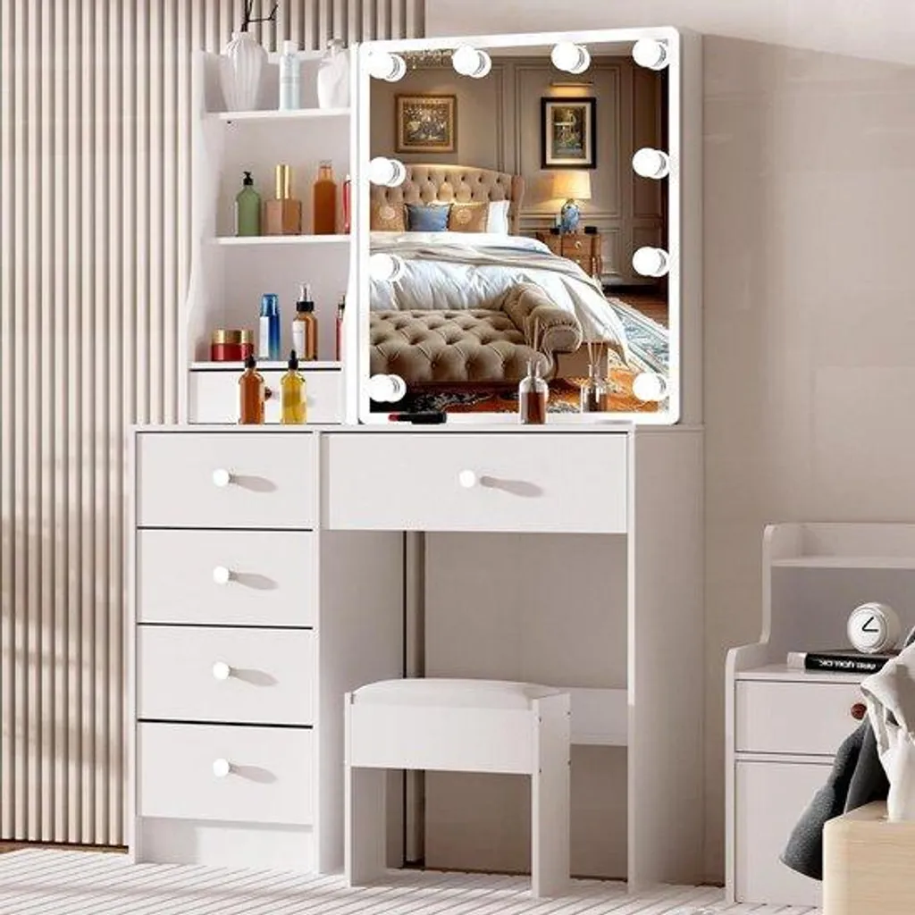 Coiffeuse Miroir Éclairé LED et Tiroirs de Rangement sous Plateau Bois