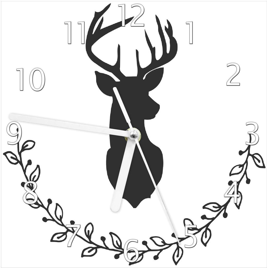 Wallario Design Wanduhr Schwarze Hirsch Silhouette mit Zweigen - schwarz weiß aus Echtglas, Größe 20 x 20 cm