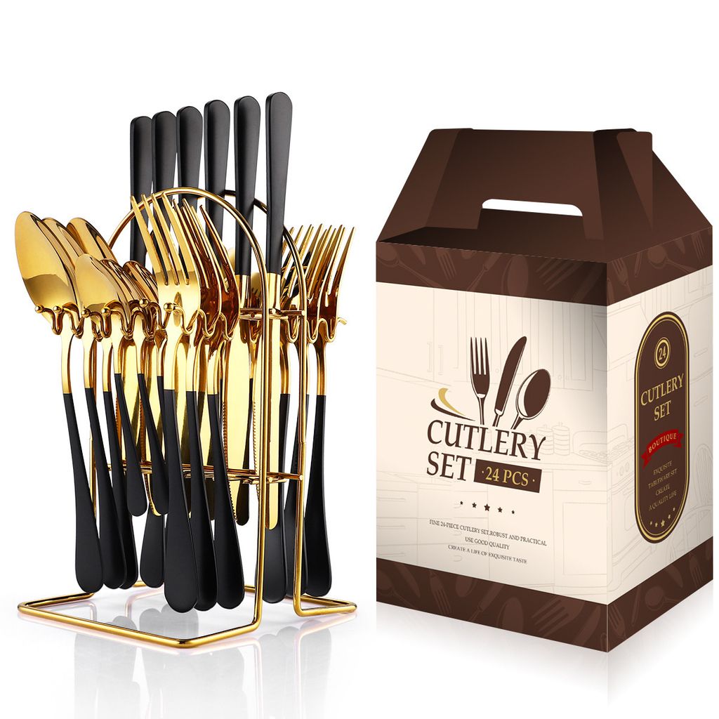 Besteckset 24 teilig,Edelstahl gold poliert mit Messer, Gabeln, Löffel, Teelöffel für Haushalt und Gastronomie