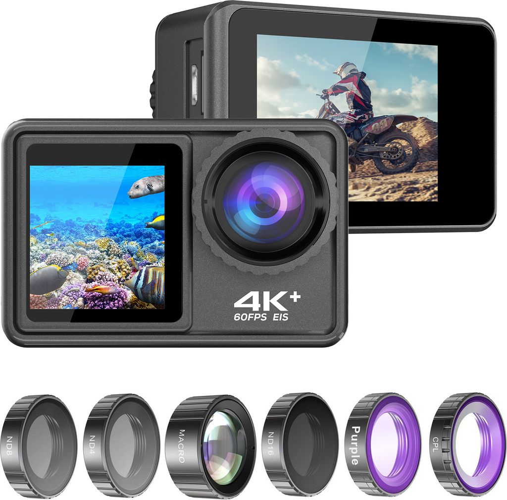 4K 24MP Dual Screen Sportkamera DV Camcorder 2,0 Zoll Bildschirm 170¡ã Weitwinkel EIS 40m Wasserdichtes WLAN mit Makro CPL ND4 8 16 Violettes Obj...