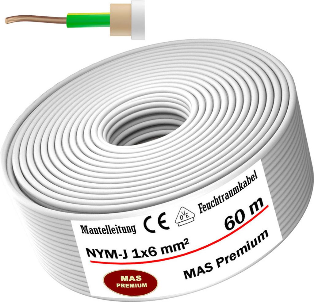 60m Feuchtraumkabel Stromkabel Mantelleitung NYM-J 1x6 mm² Elektrokabel