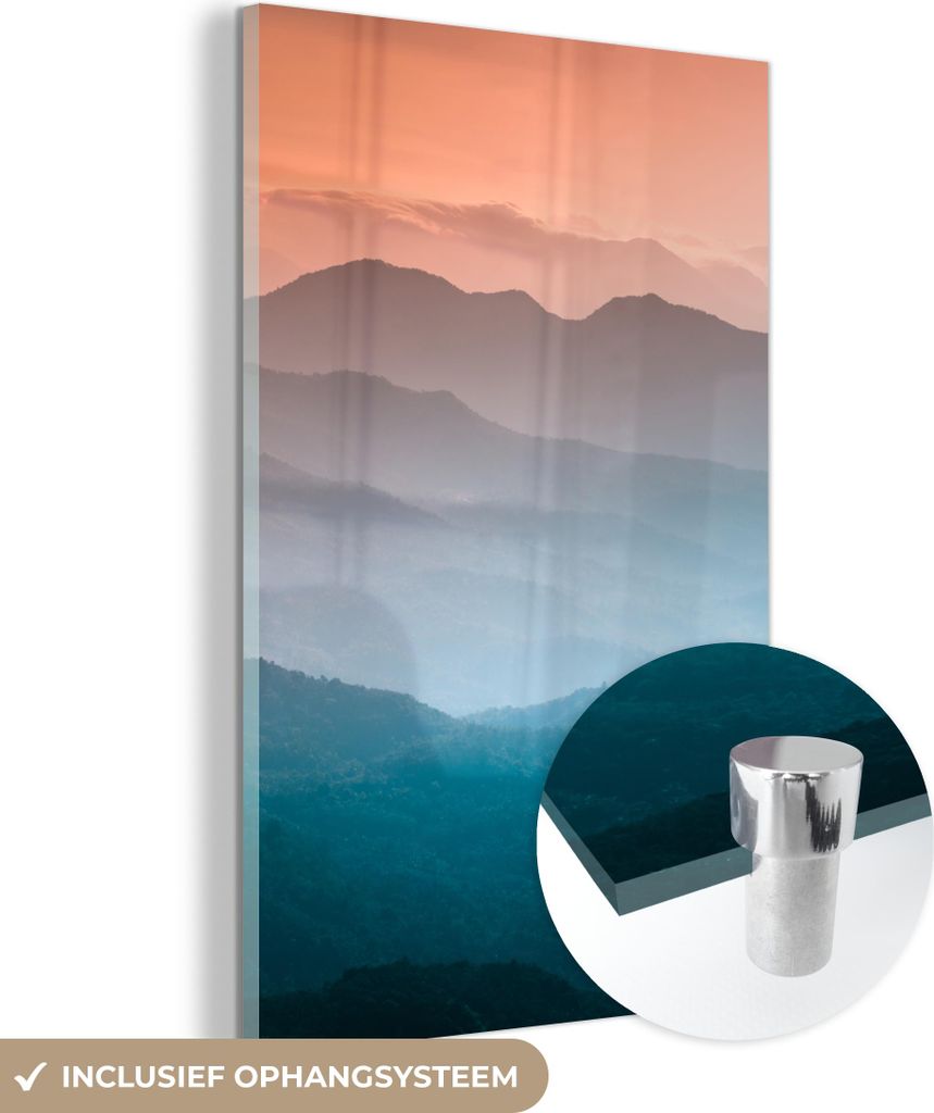 MuchoWow Glasbilder - Bilder auf Wandbild - Foto auf Glas Berge - Sonne - Orange - Natur 80x120 cm Wanddekoration aus Glas - Acrylglasbild - Acrylb...