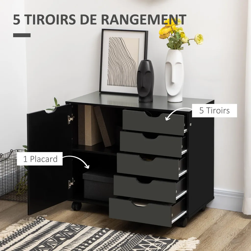 Caisson de bureau noir 5 tiroirs et support imprimante 78x40 cm