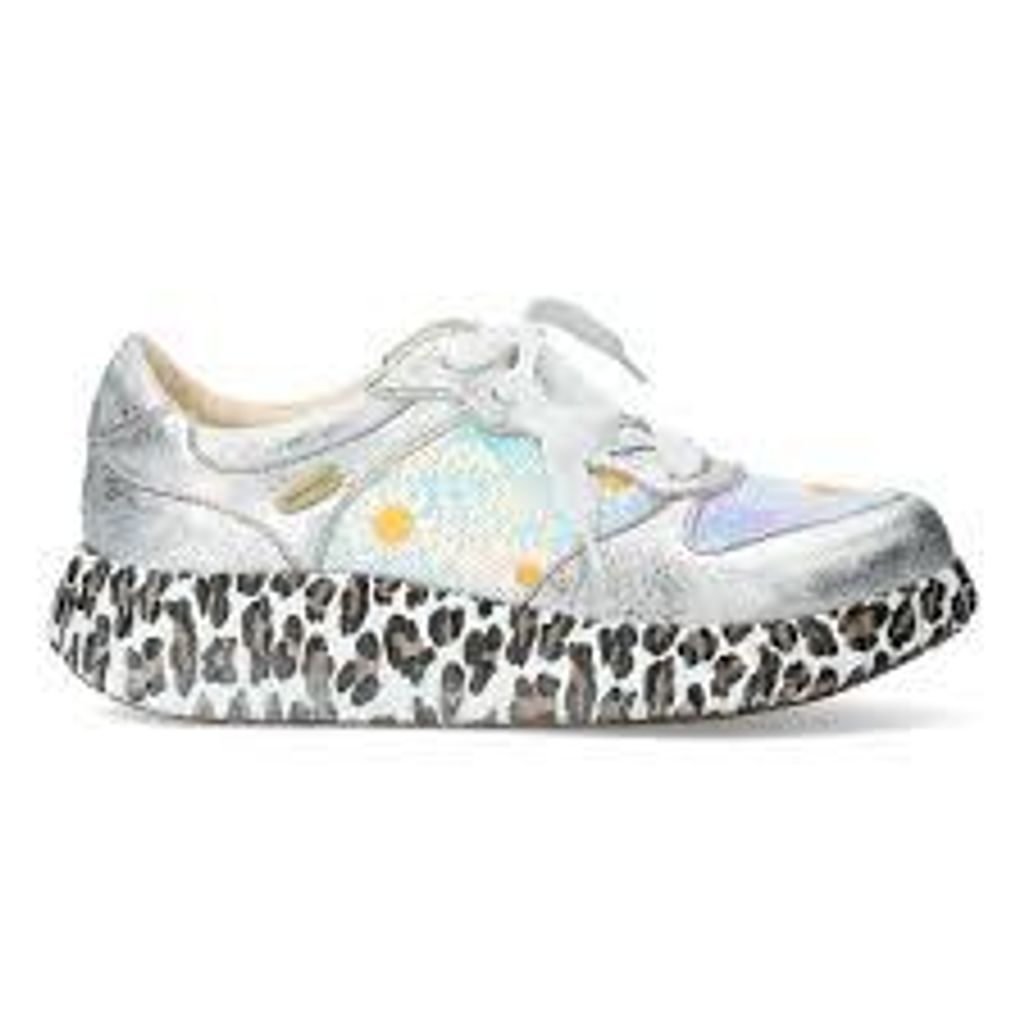 LAURA VITA Damen Sneaker Nikito 52 argent/silber/weiss mit bedrucktem Leoplateau Leder-Paillettenmix breite Weite G Grösse 41 EU