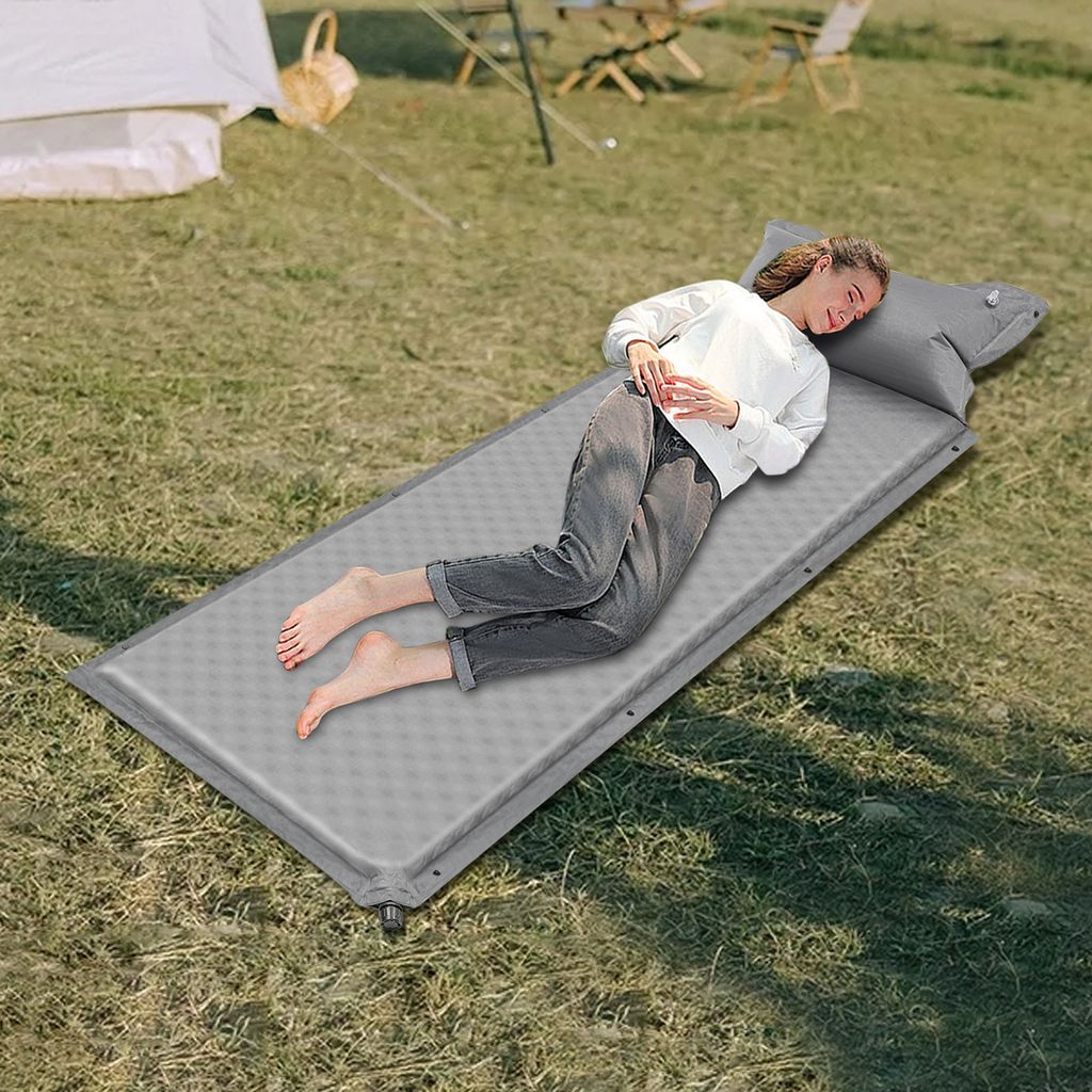 Isomatte Selbstaufblasend, Aufblasbare Camping Isomatte mit Kissen und Aufbewahrungstasche, Grau