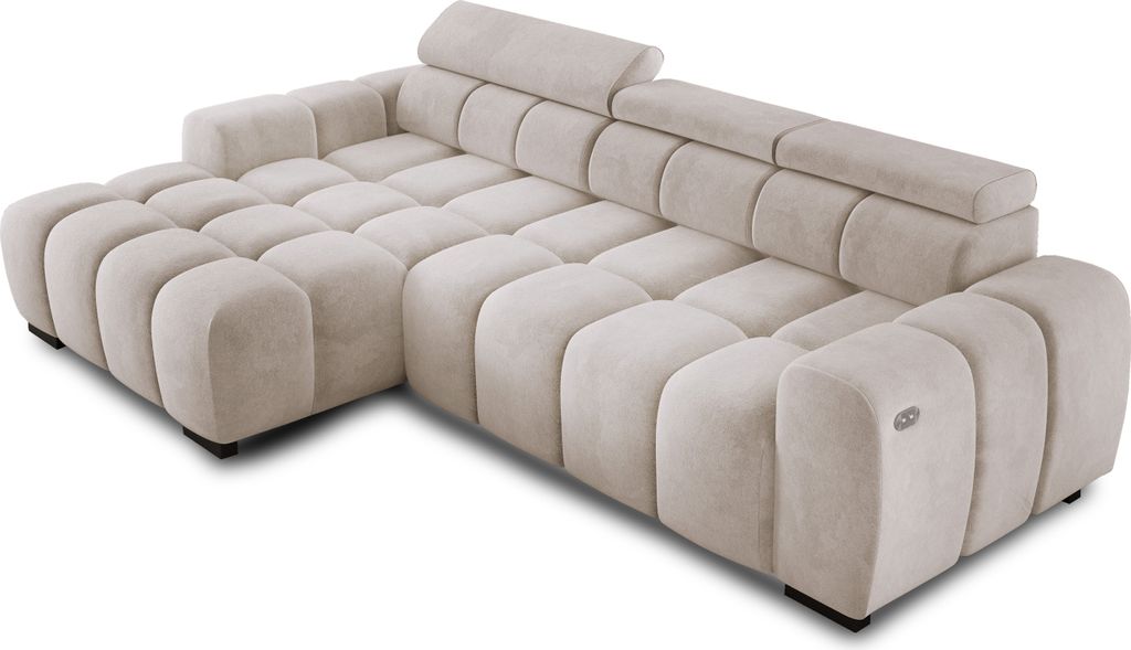 Ecksofa OMBO 285x168x77/97 cm, Linke Seite Mit Schlaffunktion, Elektrisch Ausziehbarer Sitzfläche, Verstellbaren Kopfstützen, Dunklen Buchenholzf...