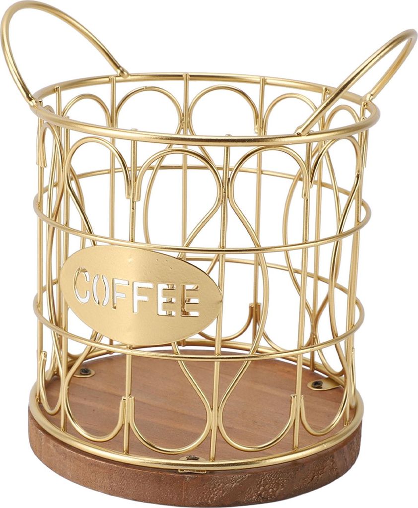 Kaffee Pod Korb Nachbildungative Runde Draht Kaffeekapsel Halter mit hölzernen Basis für Cafe Küche Arbeitsplatte Gold