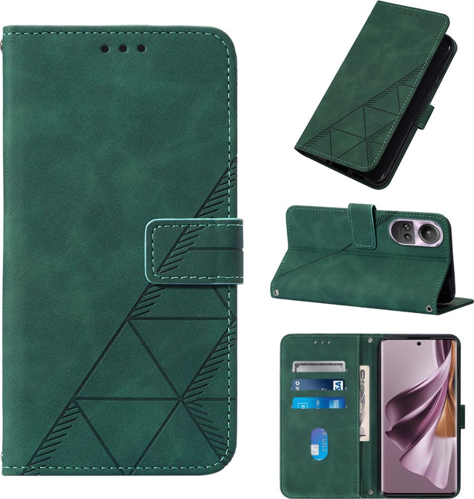 Hülle für Oppo Reno10 /Reno 10 Pro Prägung Flip Leder Kartenfächer Schutzhülle mit Ständer Grün