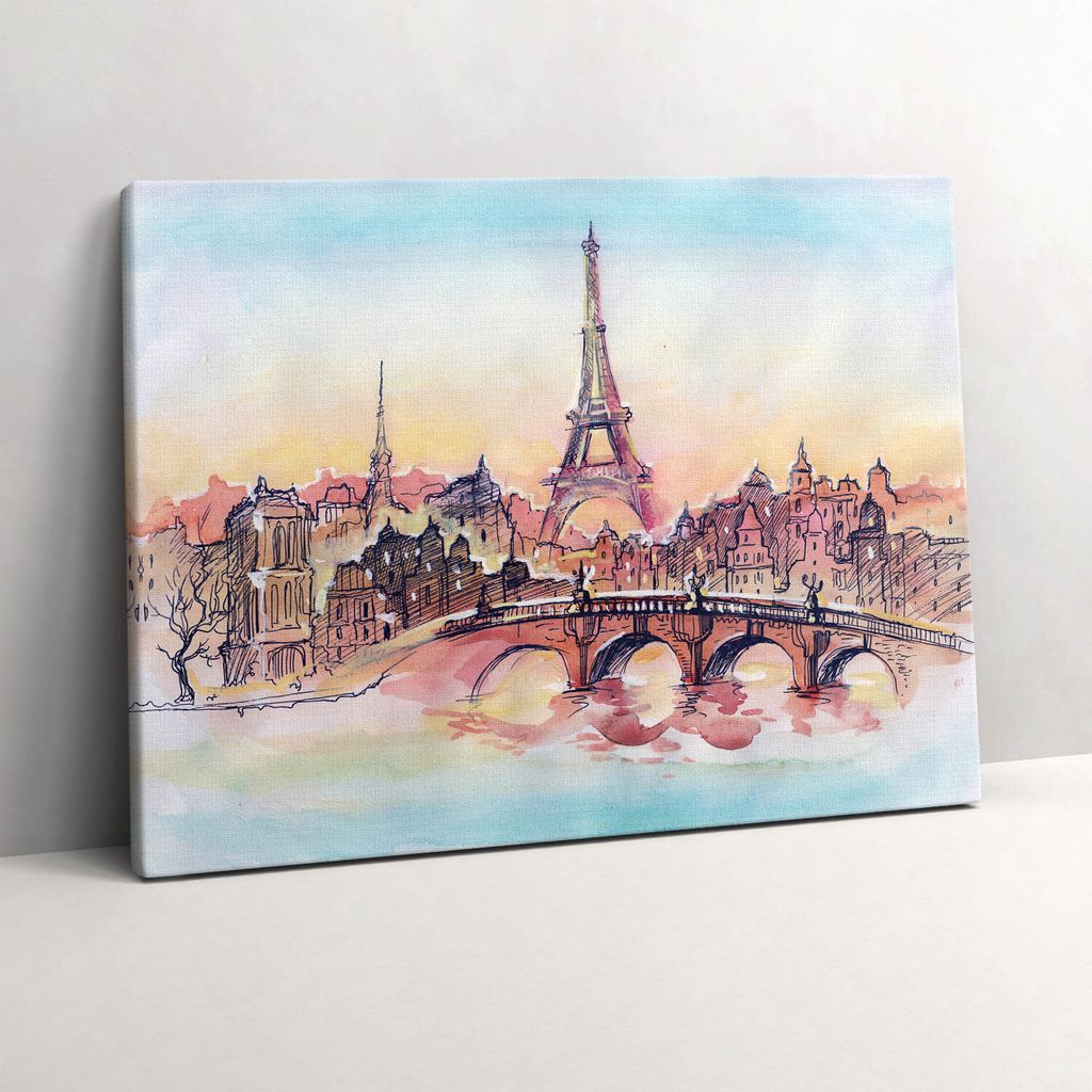 Gemalte Ansicht von Paris – Leinwandbild Wandbild – 80x60 cm – Leinwandbilder – Wandbilder – Schlafzimmer – Flur