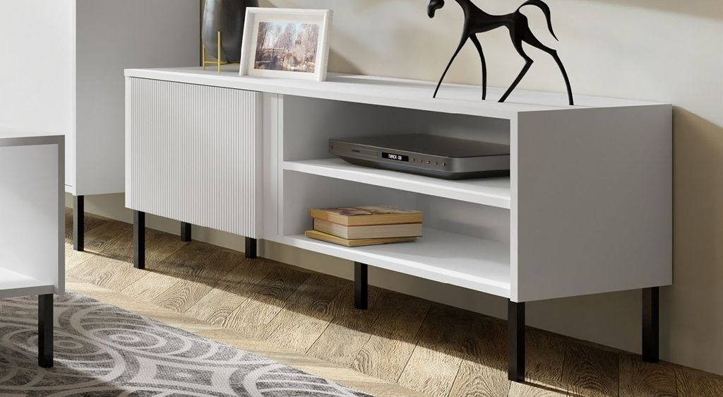 TV-Schrank 7 MIA 120 cm mit geriffelte Fronte RTV-Lowboard TV Tisch Sideboard Metallbeine Weiss