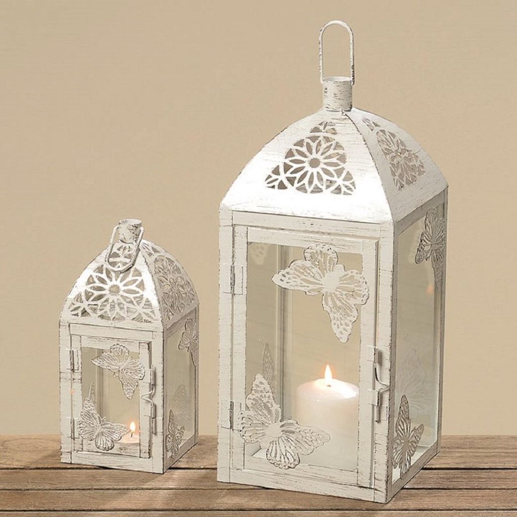Laterne Windlicht Weiß Eisen Metall  Schmetterling Shabby Produktbild 