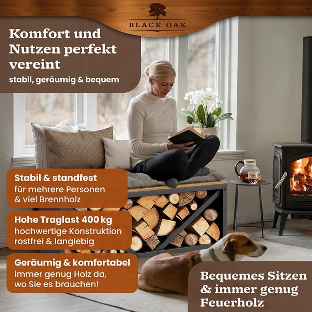 BLACK OAK Kaminholzregal OHIO 102x41x35cm schwarz modern Produktbild 