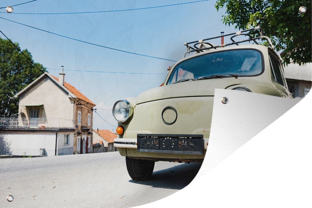MuchoWow 60x40 cm Outdoor-Poster Gartendeko Sichtschutz Garten Poster für den Garten Der alte Zastava 750 als jugoslawische Version des Fiat 600