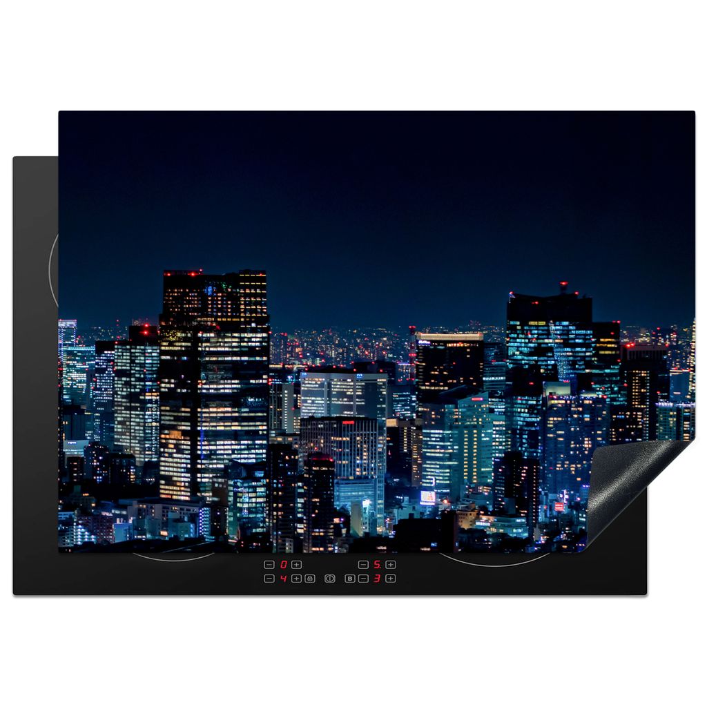 KitchenYeah Herdabdeckplatte Stadt - Skyline - Nacht - Blau , 75x52cm, Küche Deko, Glaskeramikkochfeld Herdabdeckung, Abdeckplatte fùr Kochfeld