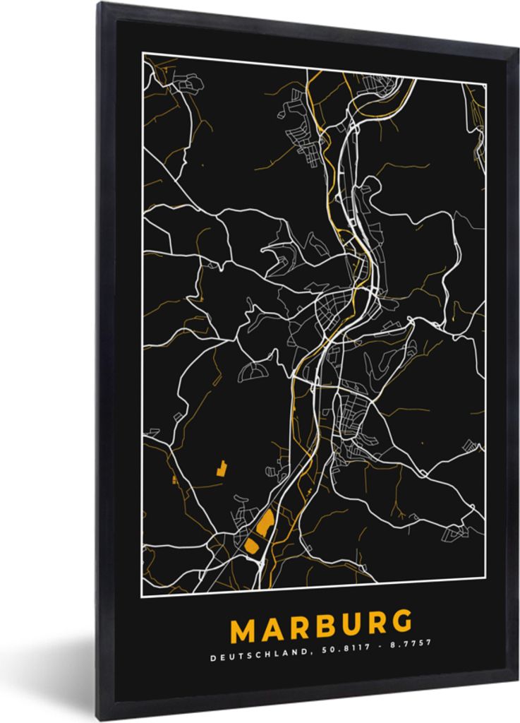 MuchoWow Gerahmtes Poster Schwarz und Gold - Stadtplan - Marburg - Deutschland - Karte 60x90 cm - Poster mit Schwarzem Bilderrahmen Wandposter Ra...