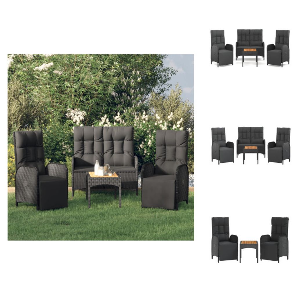vidaXL 4-tlg. Garten-Essgruppe mit Kissen Schwarz Poly Rattan - Gartenmöbel-Sets
