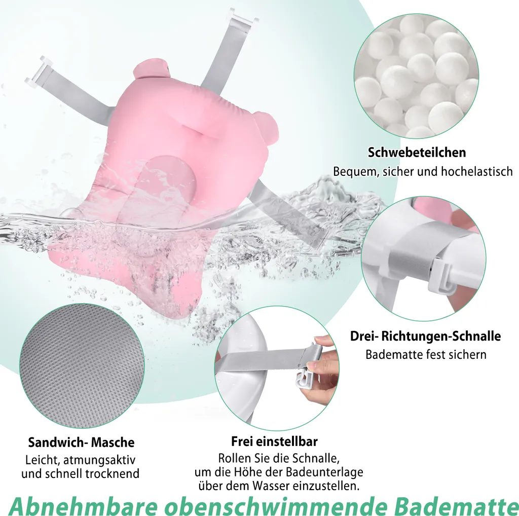 Baignoire Bébé Ergonomique Antidérapante Rose avec Coussin de Maintien