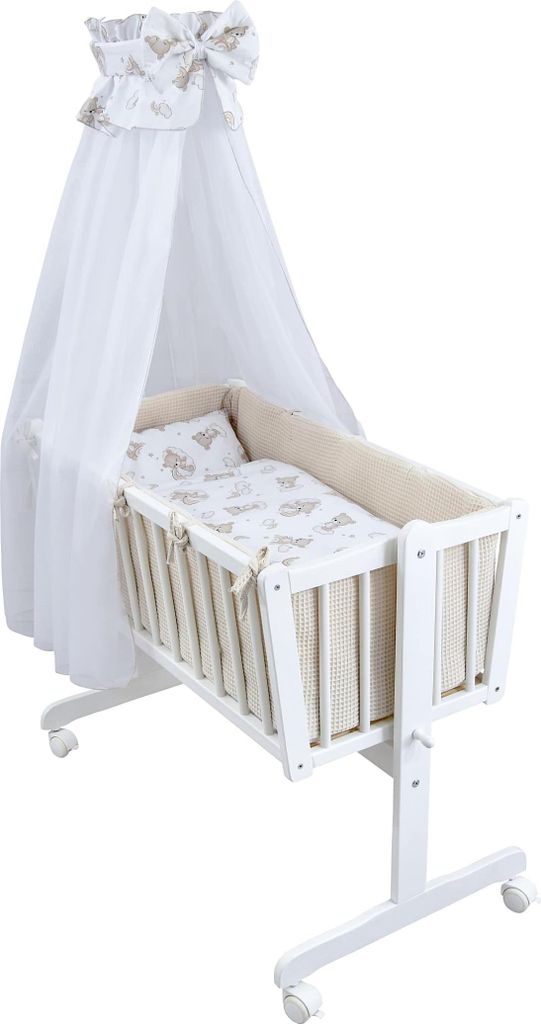 Baby-Delux Wiege Schaukelwiege Babywiege Weiß 90x40 cm Bettset Komplett Waffelpique Wiegenset Bärchen beige