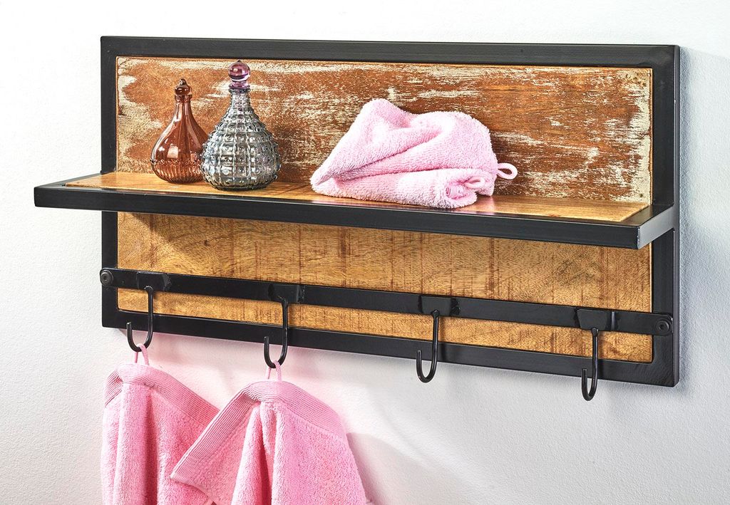 Kobolo Garderobe Wandregal Wandgarderobe aus Metall und Mangoholz - 4 Haken - Ablage Flur Einrichtung Garderobe Ständer Wandpaneel Hängeregal Deko