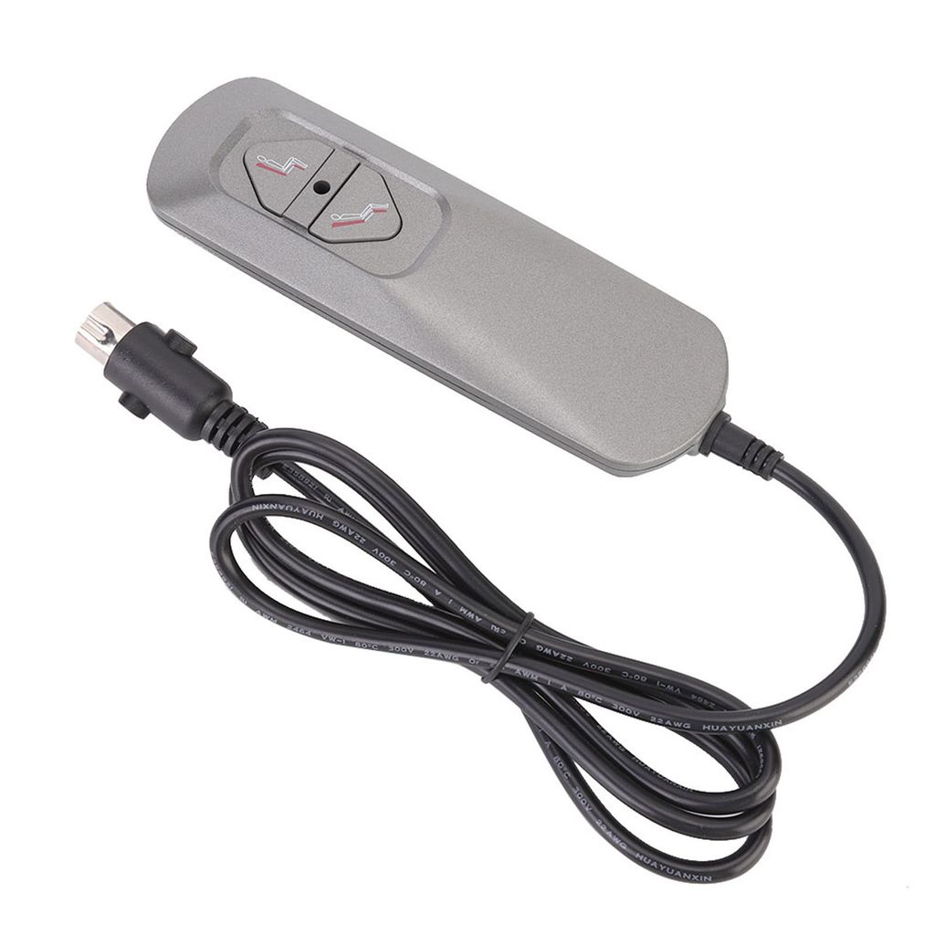 A gray electric recliner chair remote control with a black cord.