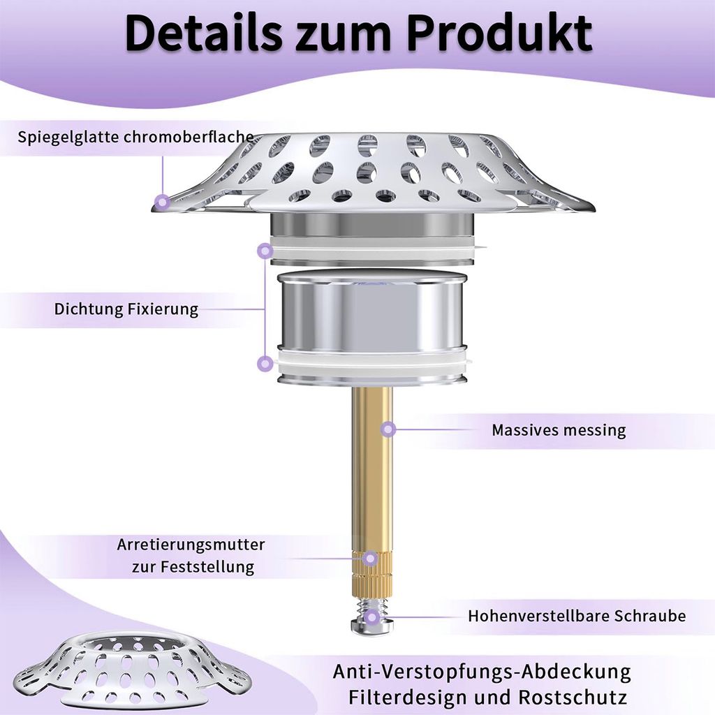 2-in-1 Badewannenstöpsel mit Sieb, Ablaufsieb Haarfänger, Produktbild 5