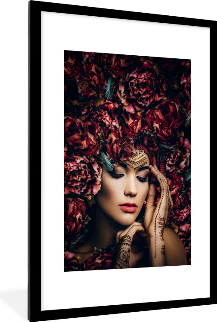 MuchoWow Gerahmtes Poster Frau - Blumen - Henna - Porträt 60x90 cm - Poster mit Schwarzem Bilderrahmen Wandposter Rahmen Foto Bilder - Dekoratio...