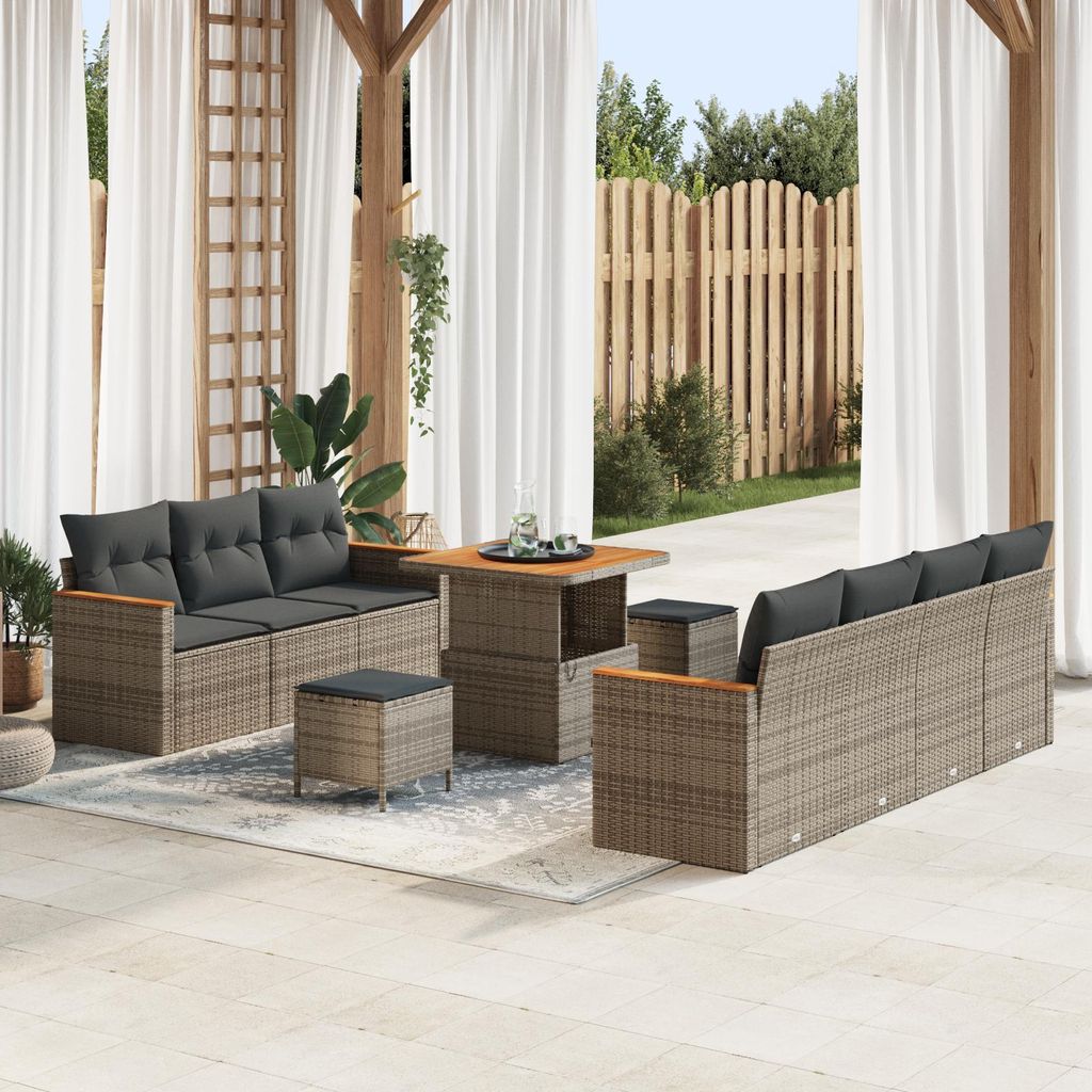 Möbel 10-tlg. Garten-Sofagarnitur mit Kissen Grau Poly Rattan Akazie - Gartensofas 3363008