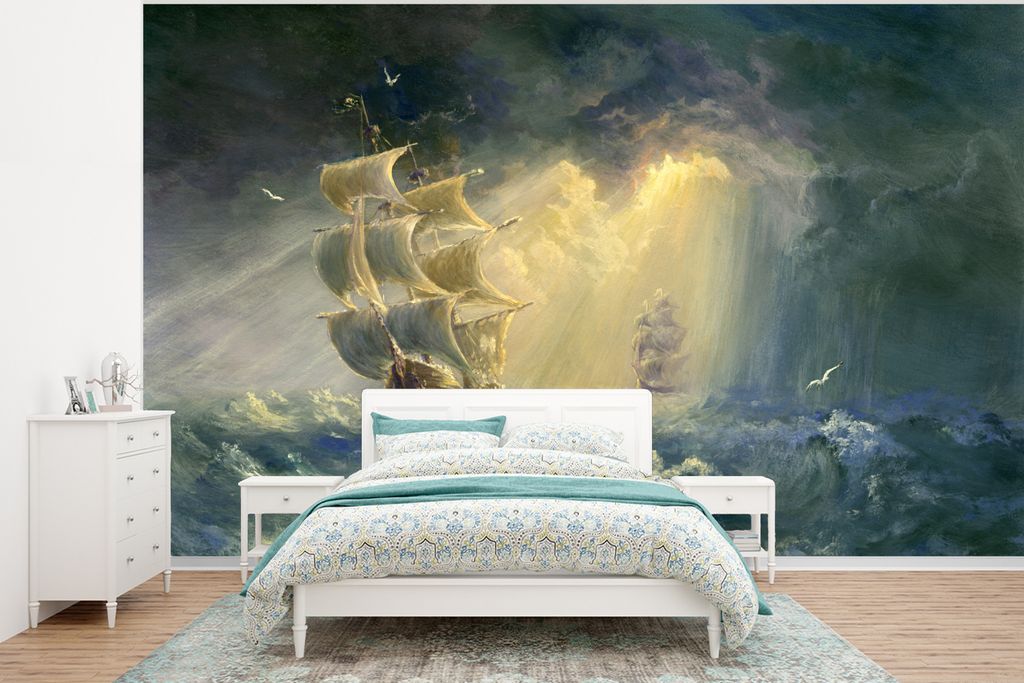MuchoWow Fototapete für Wohnzimmer oder Schlafzimmer Wandtapete Vinyl Motivtapete Illustration von Segelschiffen auf dem wilden Wasser - 400x300...