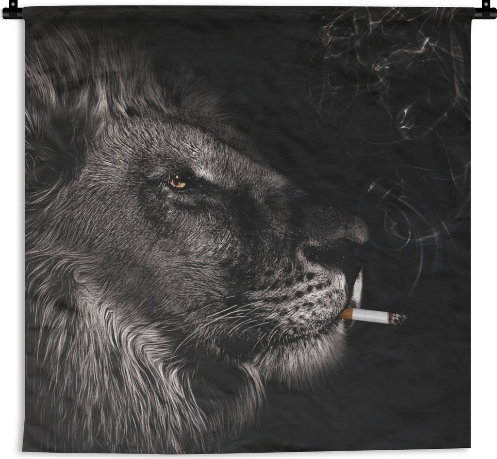 MuchoWow Wandteppich Wandbehang Löwe - Rauchen - Schwarz - Weiß 150x150 cm Tapisserie Dekoration Wandtuch - Wohnaccessoires - Modernes
