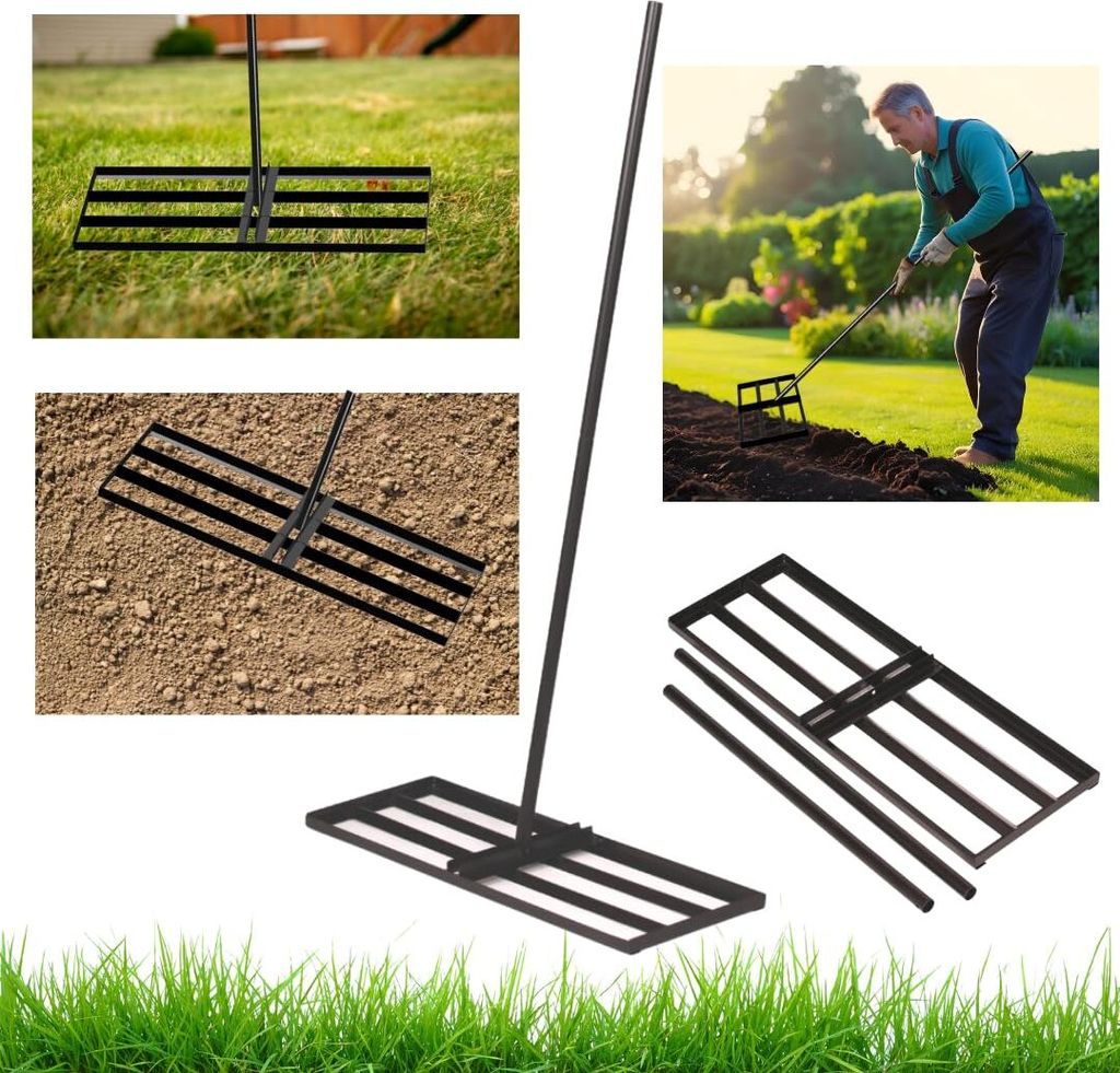 Anwicar Garten Rasen Rakel Edelstahl 90x30 cm & 150 cm Stiel - Robuster Nivellierrechen für gleichmäßige Rasenpflege - Rasen-Nivellierharke & Ra...