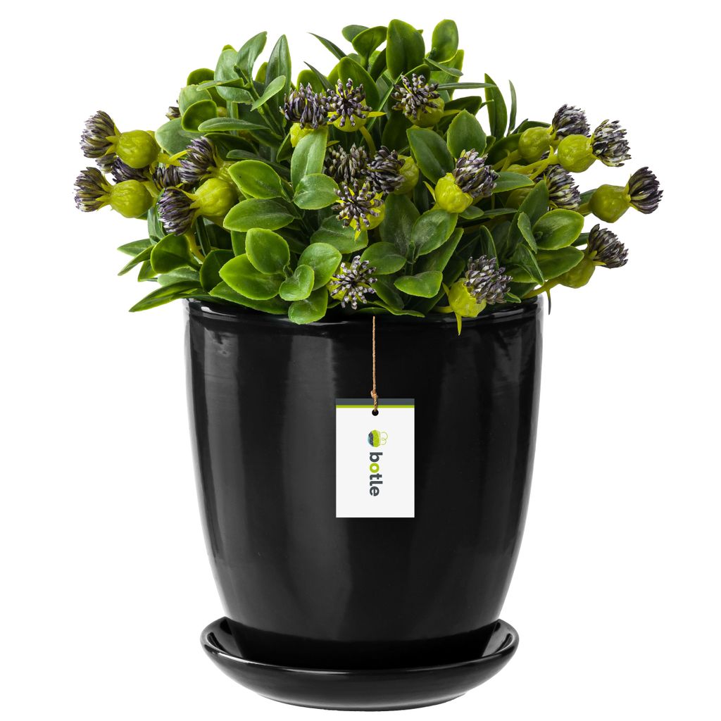 Blumentopf Blumenübertopf Schwarz Blumenschale mit Untersetzer Rund BxH 320 mm x 345 mm Oberfläche Glanz Keramik Modern Glamour