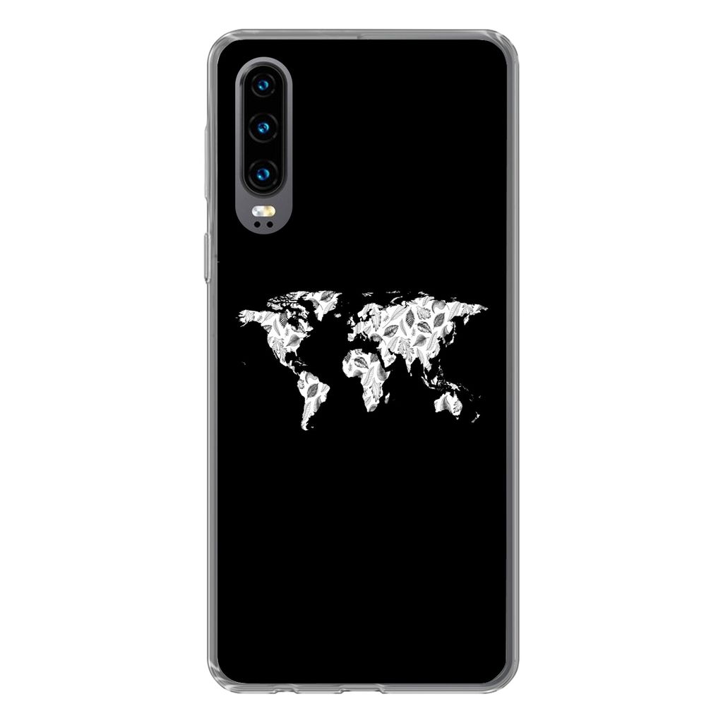 MuchoWow Handyhülle Schutzhülle Hülle für Huawei P30 Weltkarte - Blätter - Schwarz Silikon Softcase Handy Hülle - Kartenbesitzer