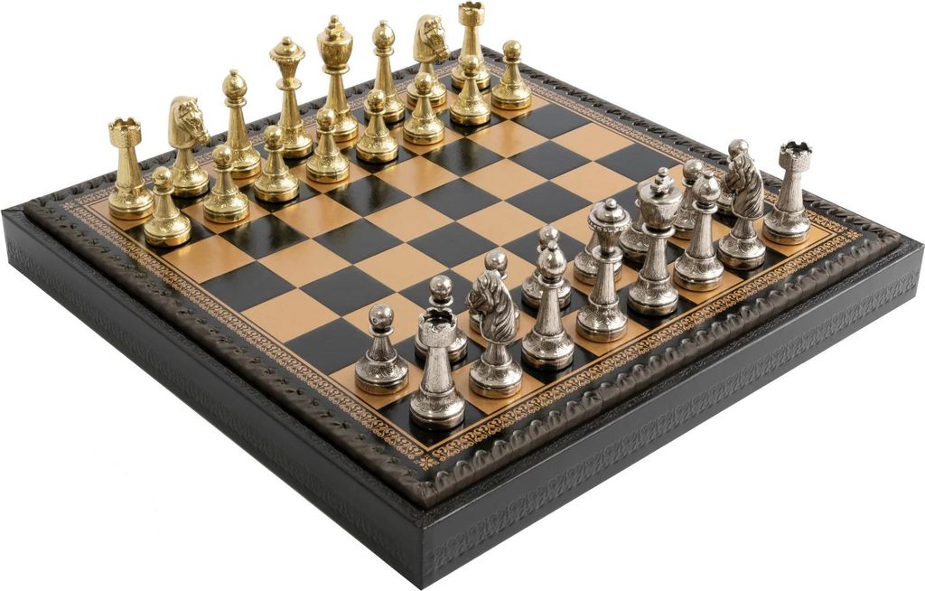 Italienisches Schachset Staunton + Schachbrett Gold/ Schwarz 35