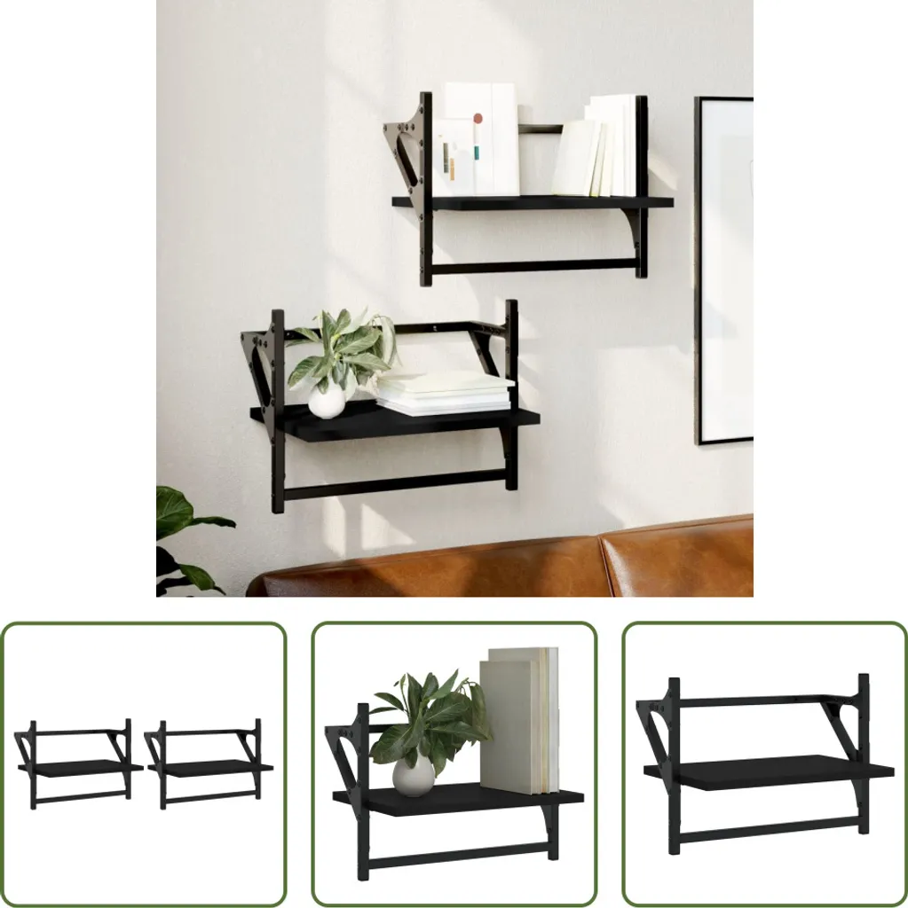 Set 2 Mensole Salvaspazio Nere 40x25x30 cm | Ripiani Muro con Bordi