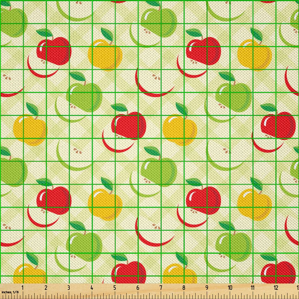 ABAKUHAUS Apfel Satin Stoff als Meterware, Diagonales kariertes Muster mit Äpfeln und Scheiben Retro- Land-Küchenthema, 10 M (148 x 1000 cm), Gr...