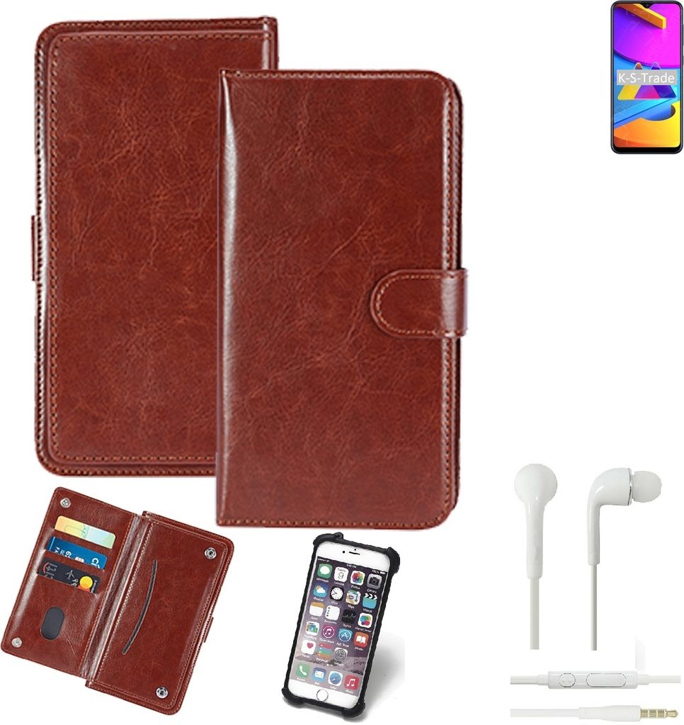 K-S-Trade 360° Hülle kompatibel mit Samsung Galaxy M10s inkl. Headphones braun Kunstleder Case BookCase WalletCase Kunstlederederhülle Handyhülle,