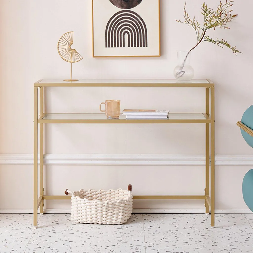 Table Console Gain de Place Dorée & Verre - Happyment 2 Niveaux