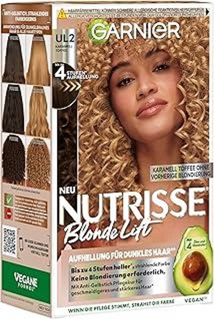 Garnier Nutrisse Blonde Lift Aufhellung für dunkles Haar in Karamell Toffee mit 4-Stufen-Aufhellung ohne vorherige Blondierung, 1 Stück
