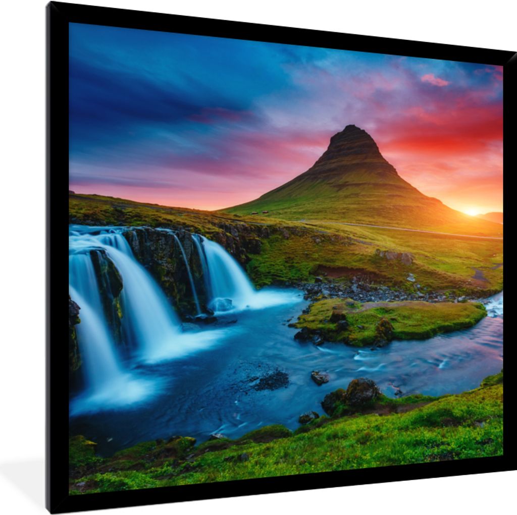 MuchoWow Gerahmtes Poster Wasserfall - Berg - Moos - Sonnenuntergang - Natur 40x40 cm - Poster mit Schwarzem Bilderrahmen Wandposter Rahmen Foto ...