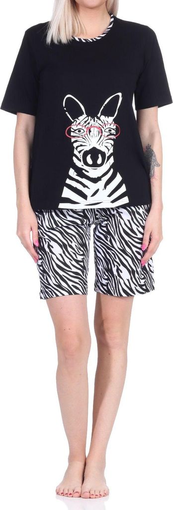 Süsser Damen Shorty Pyjama kurzarm Schlafanzug mit Tiermotiv - auch in Übergrössen ; schwarz , 40