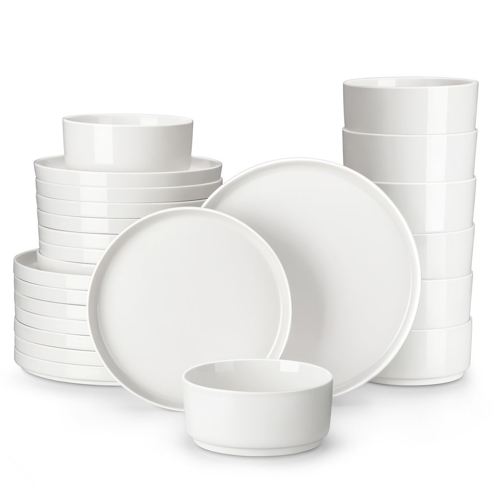 MALACASA, 24 tlg. Porzellan Tafelservice, Geschirrset für 8 Personen, Kombiservice mit je 8 Speiseteller, Dessertteller, Schale, cremeweiß