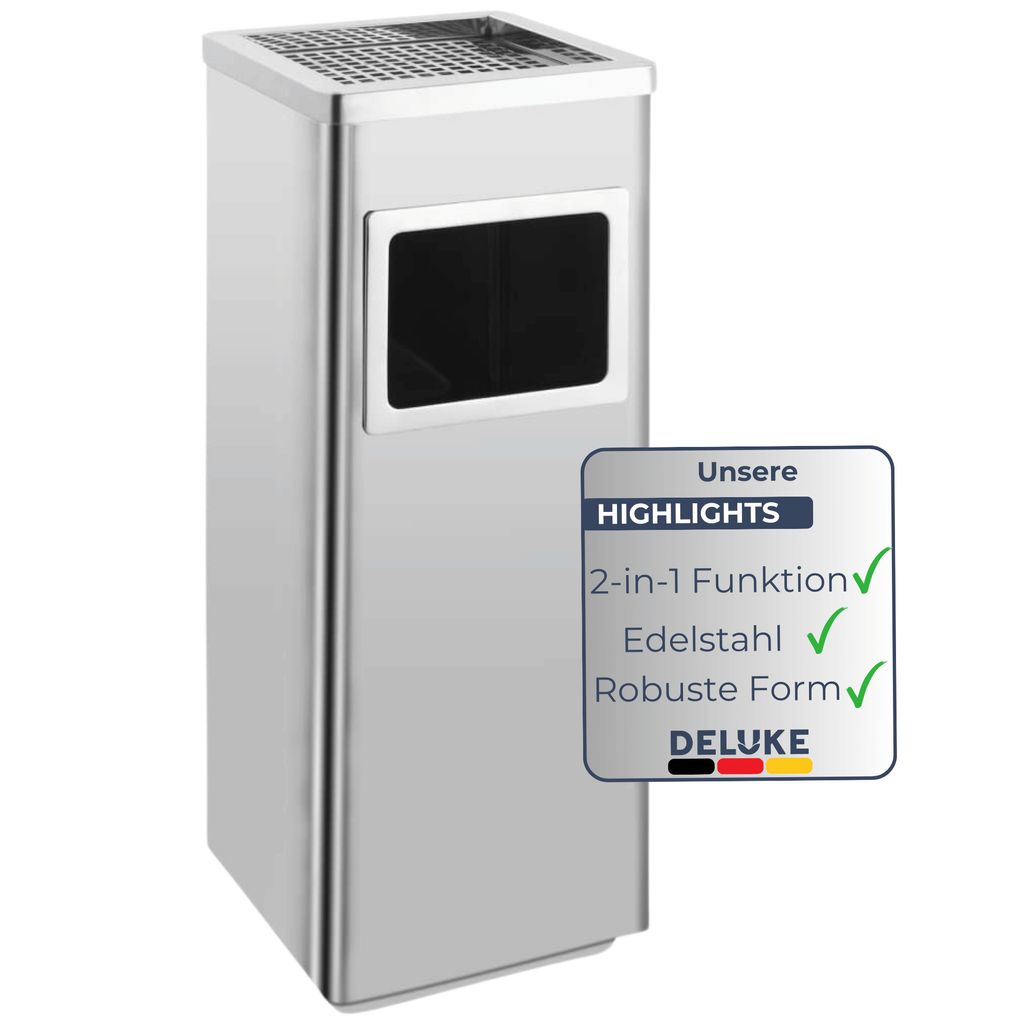 DELUKE Standaschenbecher für Draußen 36L - Edelstahl 24x24x61cm | Mülleimer mit Aschenbecher Abfalleimer mit Inneneimer Standascher Outdoor, S...