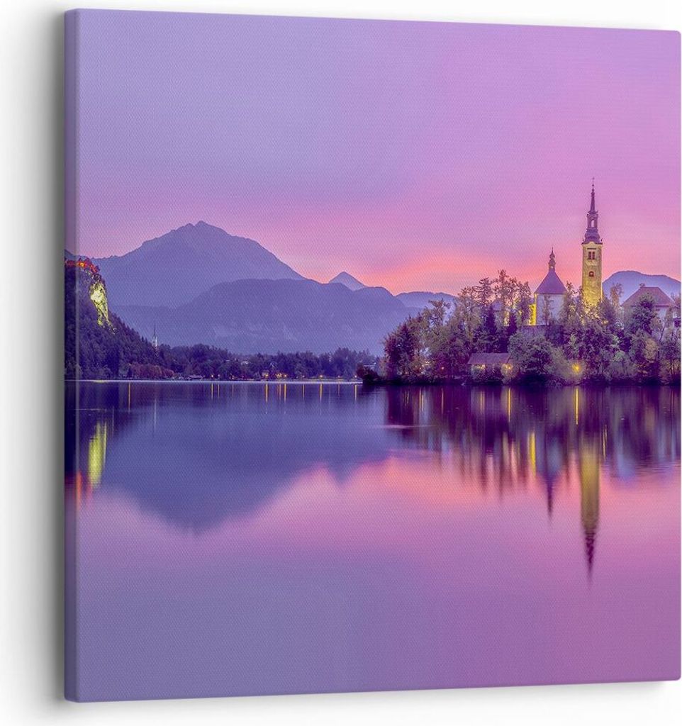 Bild auf Leinwand - Leinwandbild - Landschaft Berg See Kirche - 30x30cm - Wand Bild - Wanddeko - Leinwanddruck - Bilder - Kunstdruck - Wanddekorati...