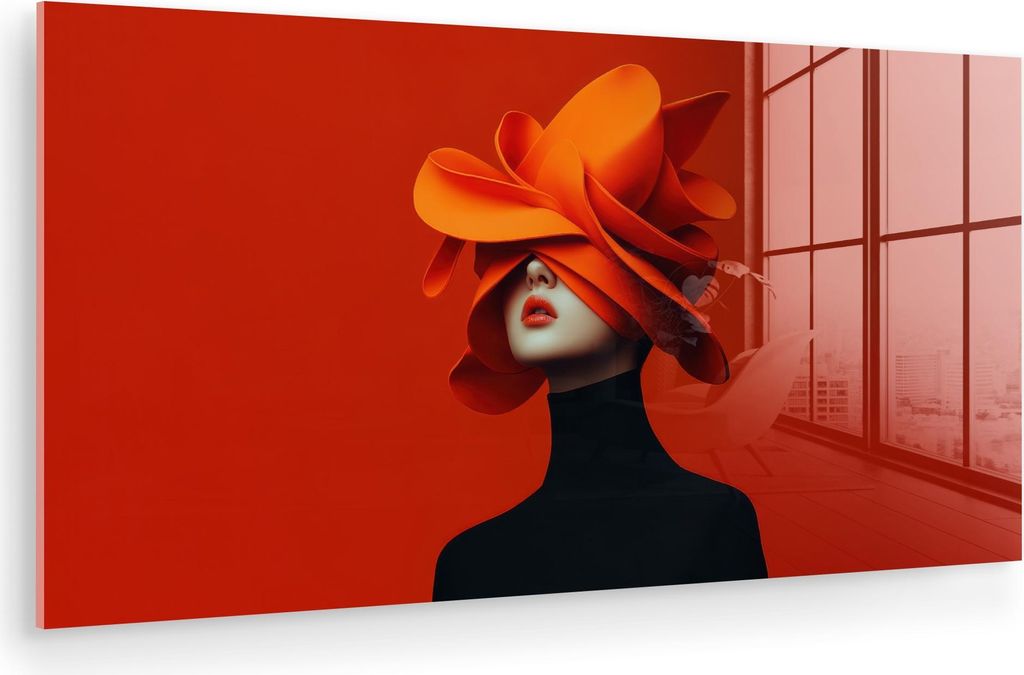 MuchoWow Glasbilder - Bilder auf Wandbild - Foto auf Glas Orange - Hut - Frau 80x40 cm Wanddekoration aus Glas - Acrylglasbild - Acrylbilder - Wand...