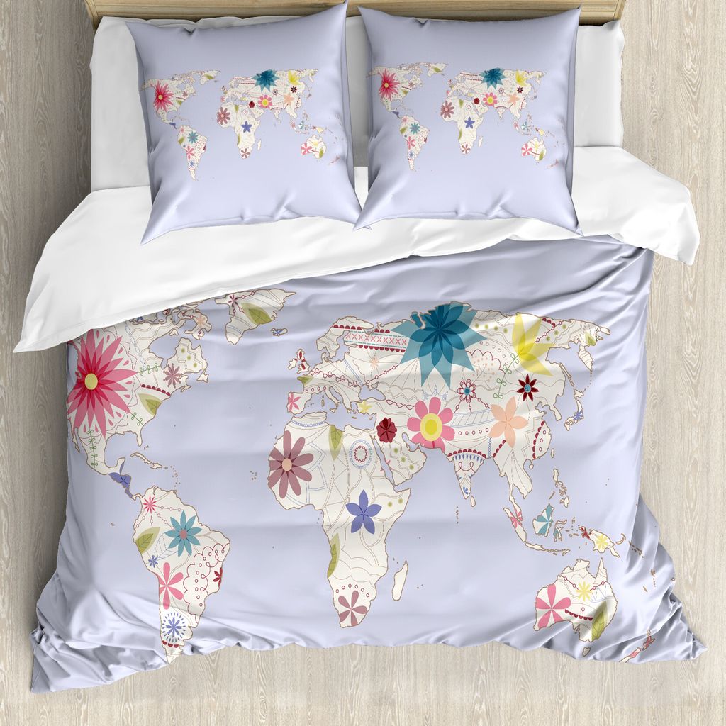 ABAKUHAUS Floral Weltkarte Bettbezug, Karte Weiche Blooms, Milbensicher Allergiker geeignet mit Kissenbezügen, 200 cm x 200 cm - 80 x 80 cm, Creme...