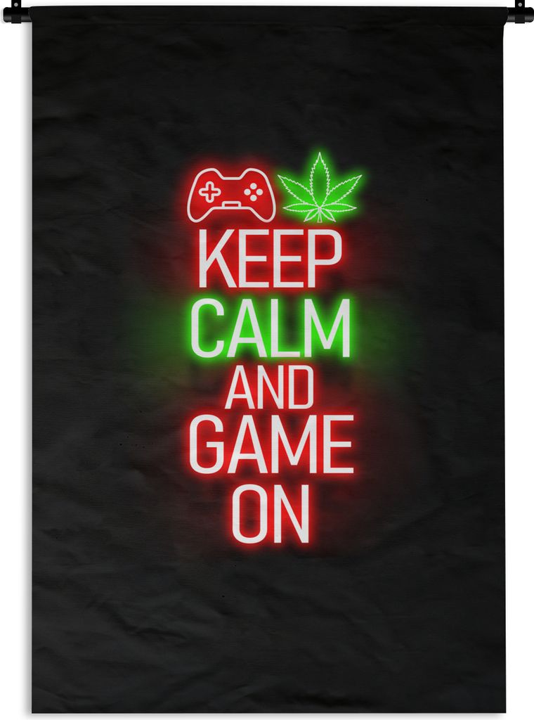 MuchoWow Wandteppich Wandbehang Gaming - Neon - Ruhe bewahren und weiterspielen - Rot - Text 60x90 cm Tapisserie Dekoration Wandtuch - Foto-Teppi...