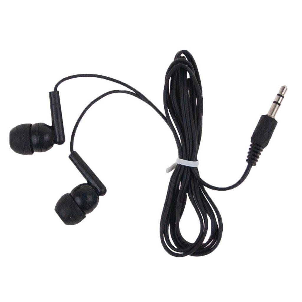 A pair of black in-ear headphones with a 3.5mm jack is shown against a white background.